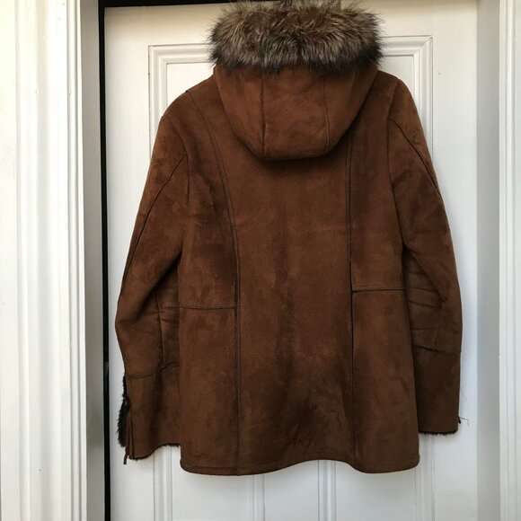 Tower by London Fog Coffee Brown Faux Small Women's Suede/Fur Hooded Coat - Picture 7 of 11